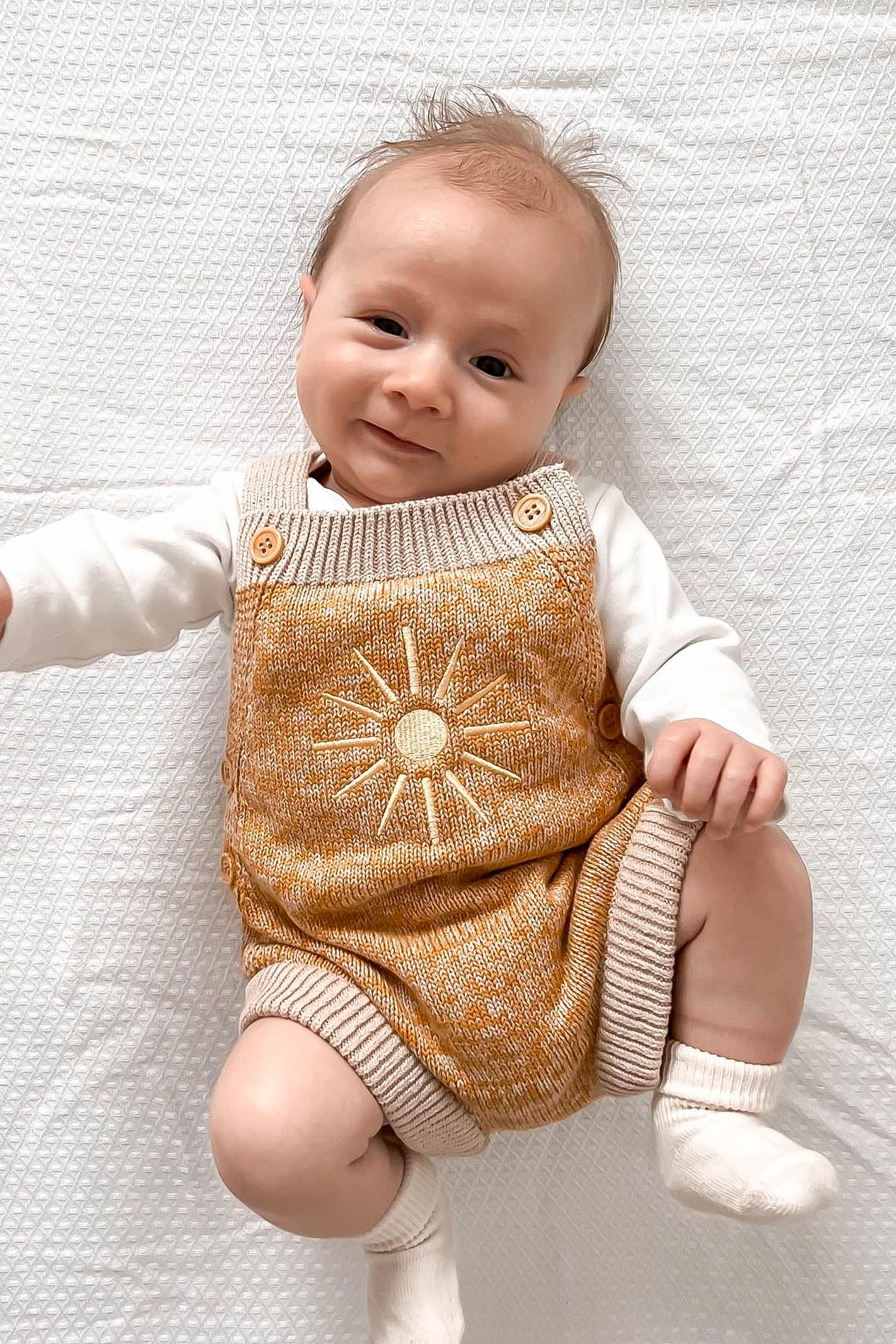 mustard sun knit baby overalls