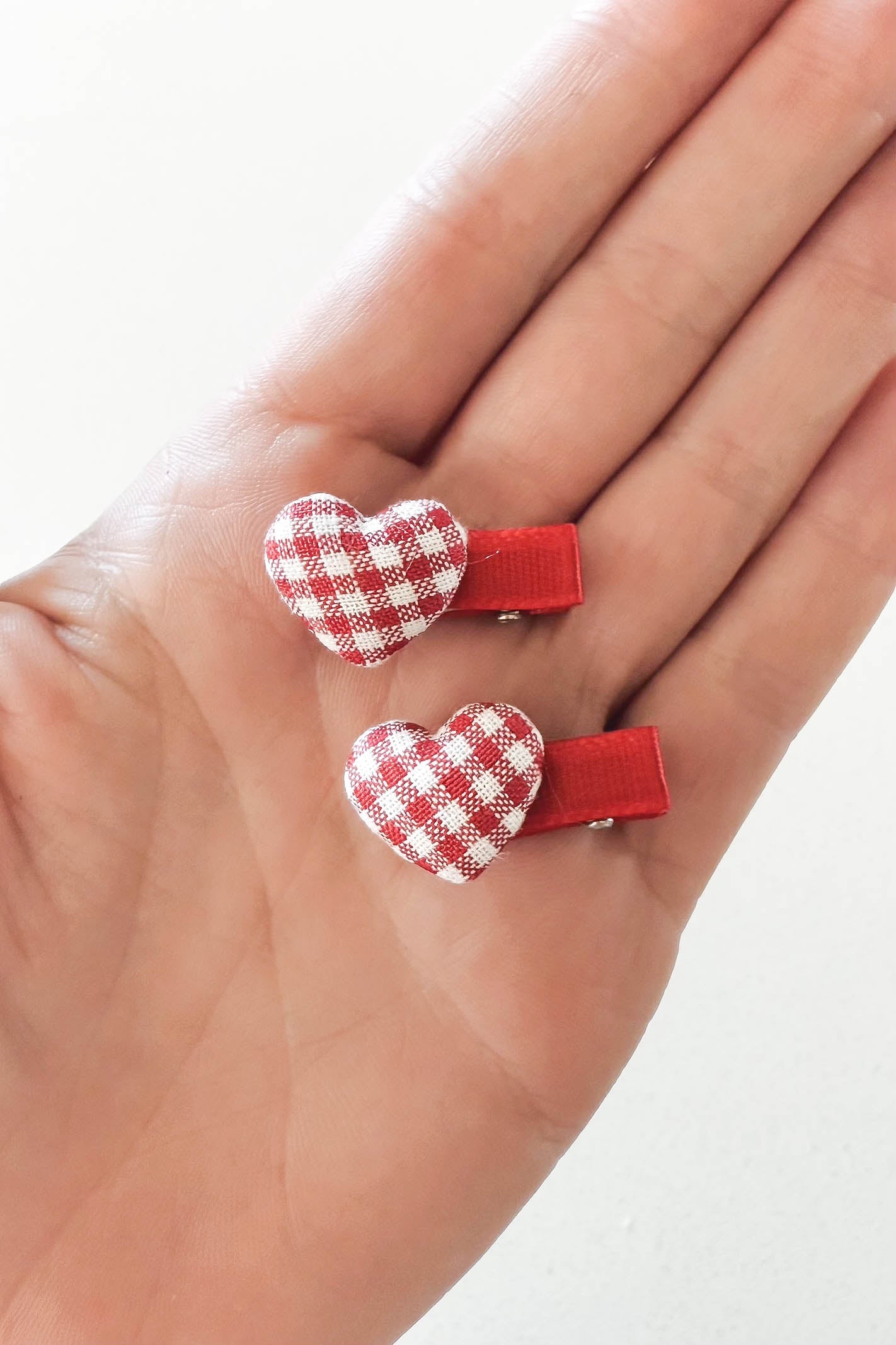 Red gingham love heart hair clips