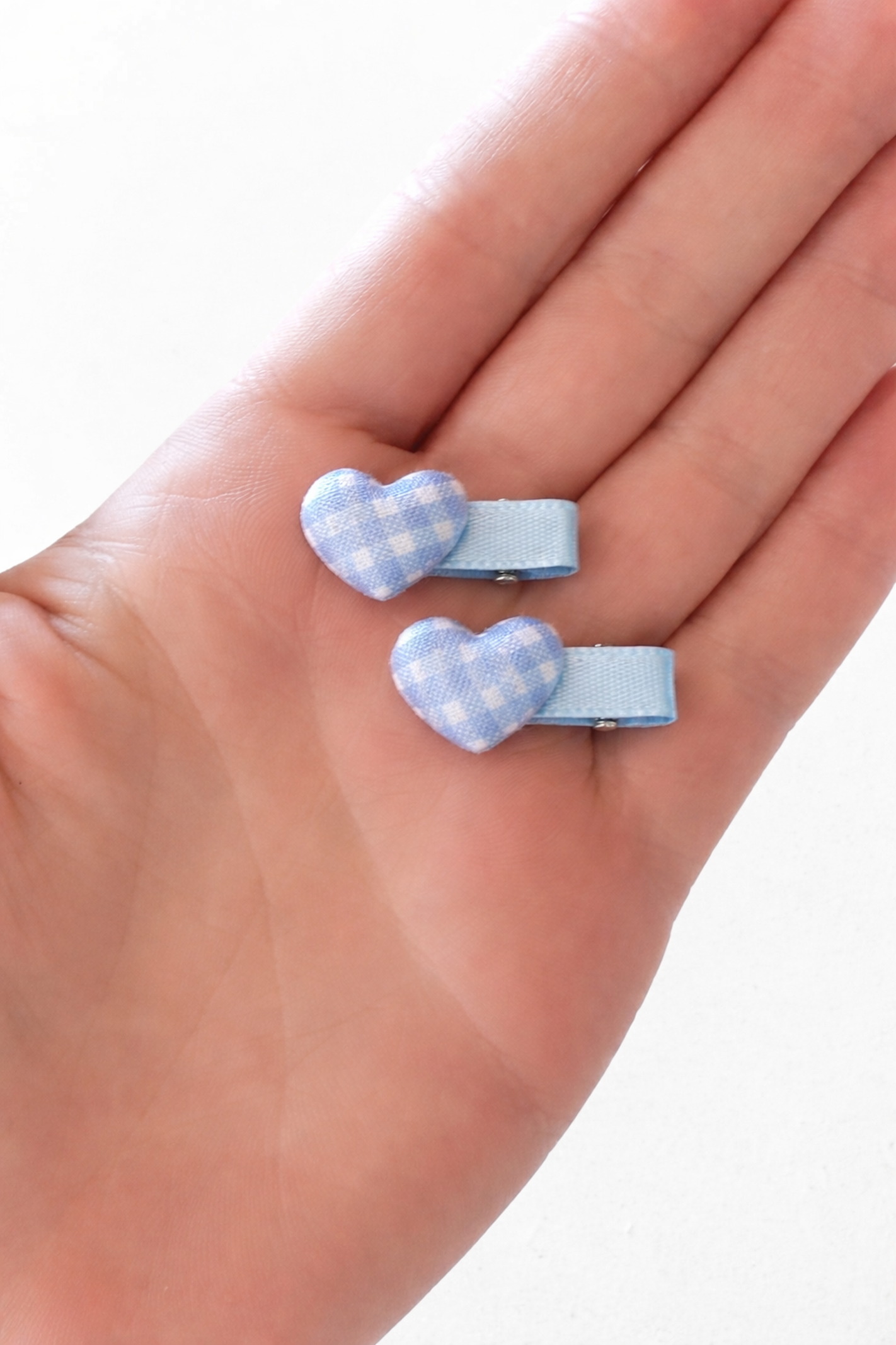 Blue gingham heart hair clips