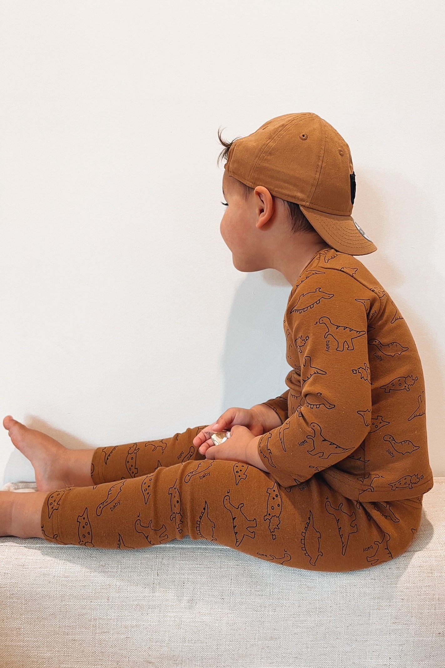 boy wearing brown dinosaur set